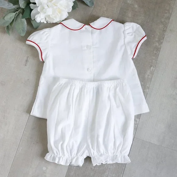 Girl's White Corduroy Bloomer Set Red and Green Embroidery Boutique NWT